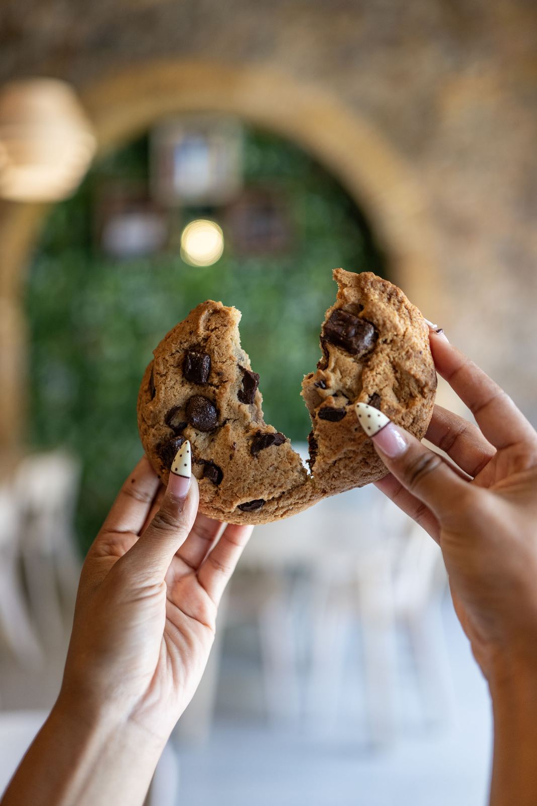 A chocolate chunk cookie broken in half